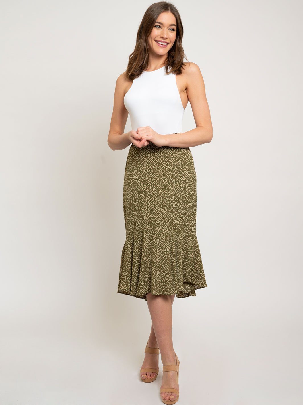 WOMEN'S FIT FLARE HI-LOW MIDI SKIRT