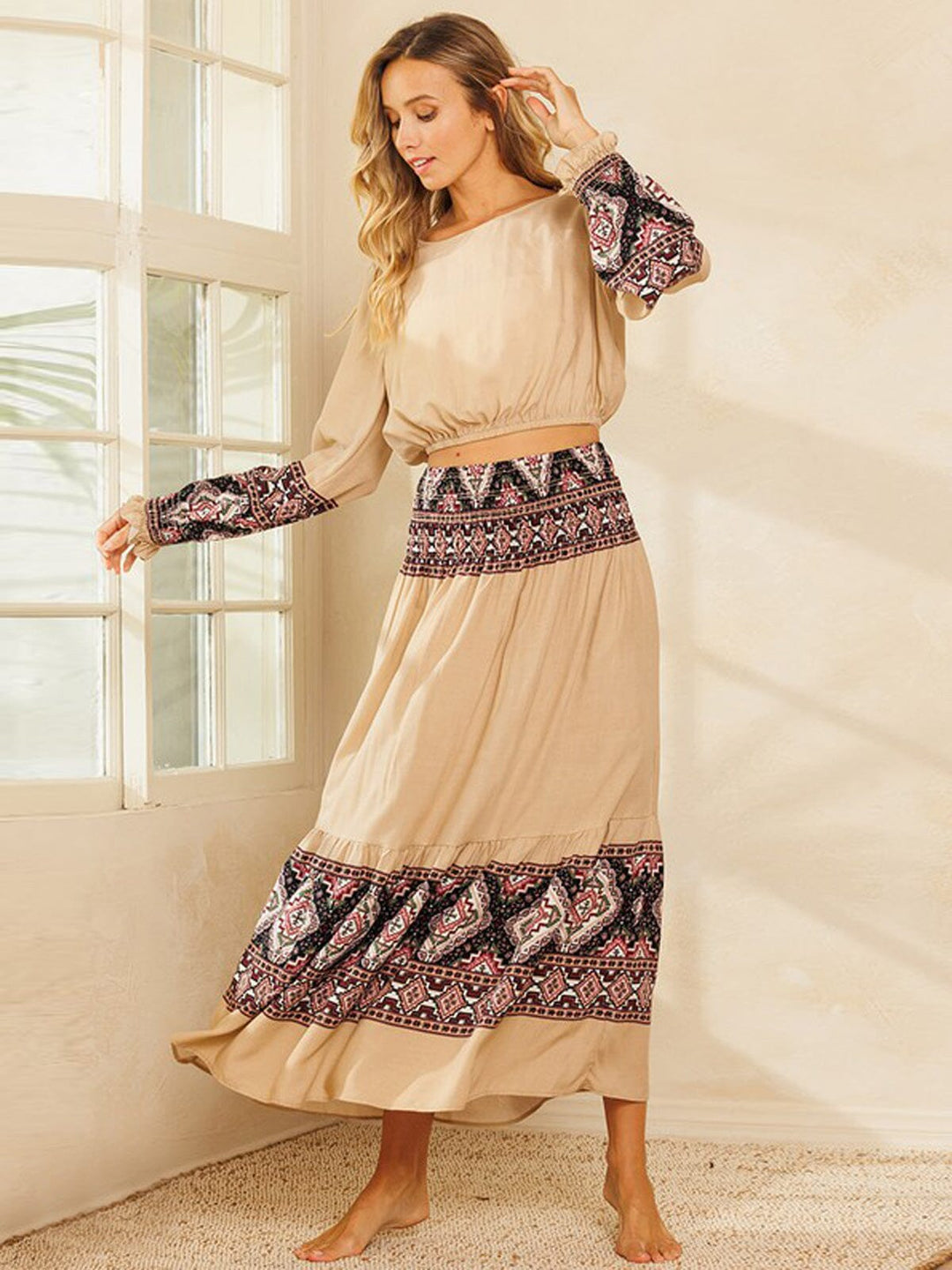 WOMEN'S LONG SLEEVE TOP & MAXI SKIRT MULTI PRINT SET