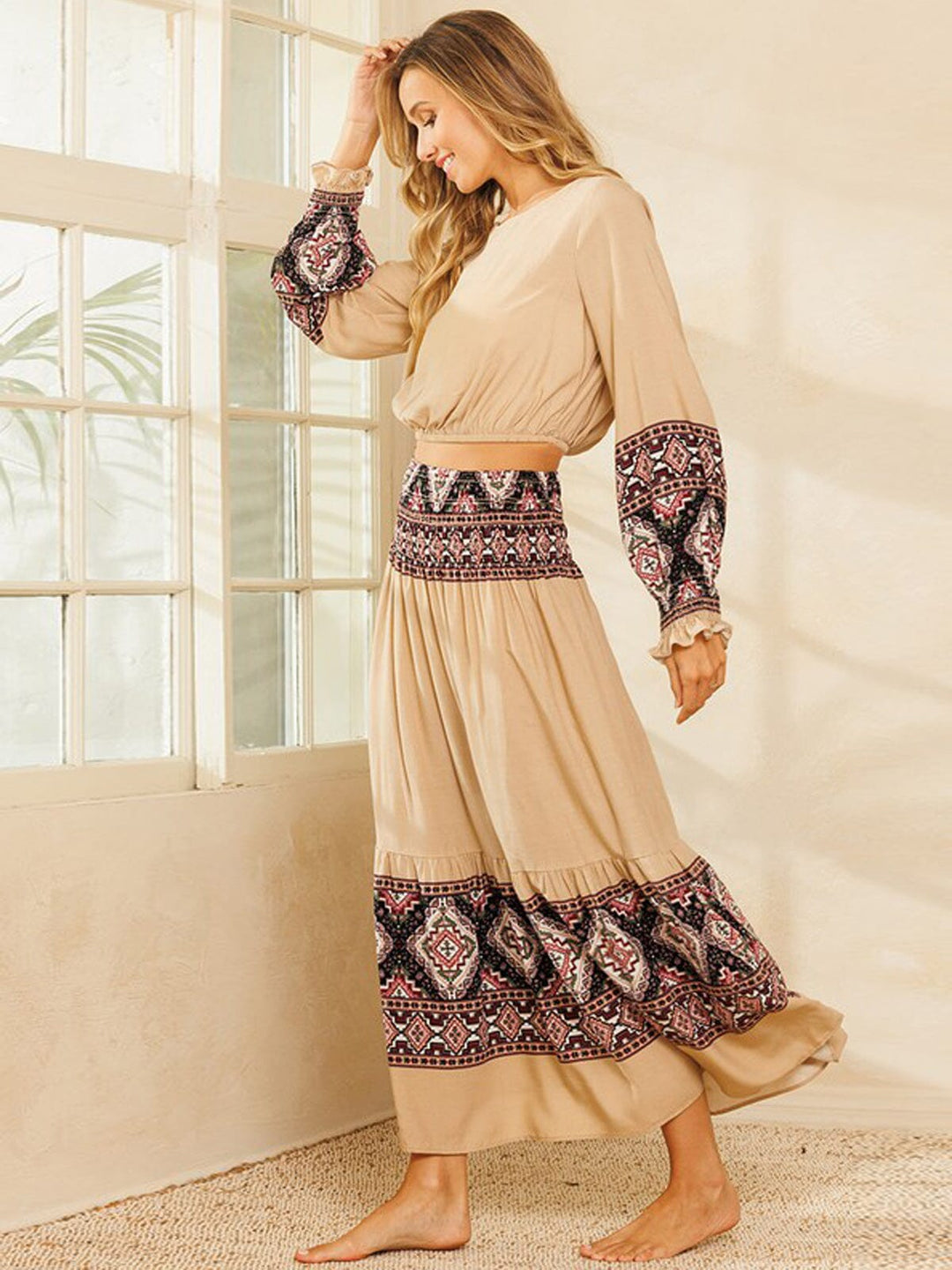 WOMEN'S LONG SLEEVE TOP & MAXI SKIRT MULTI PRINT SET