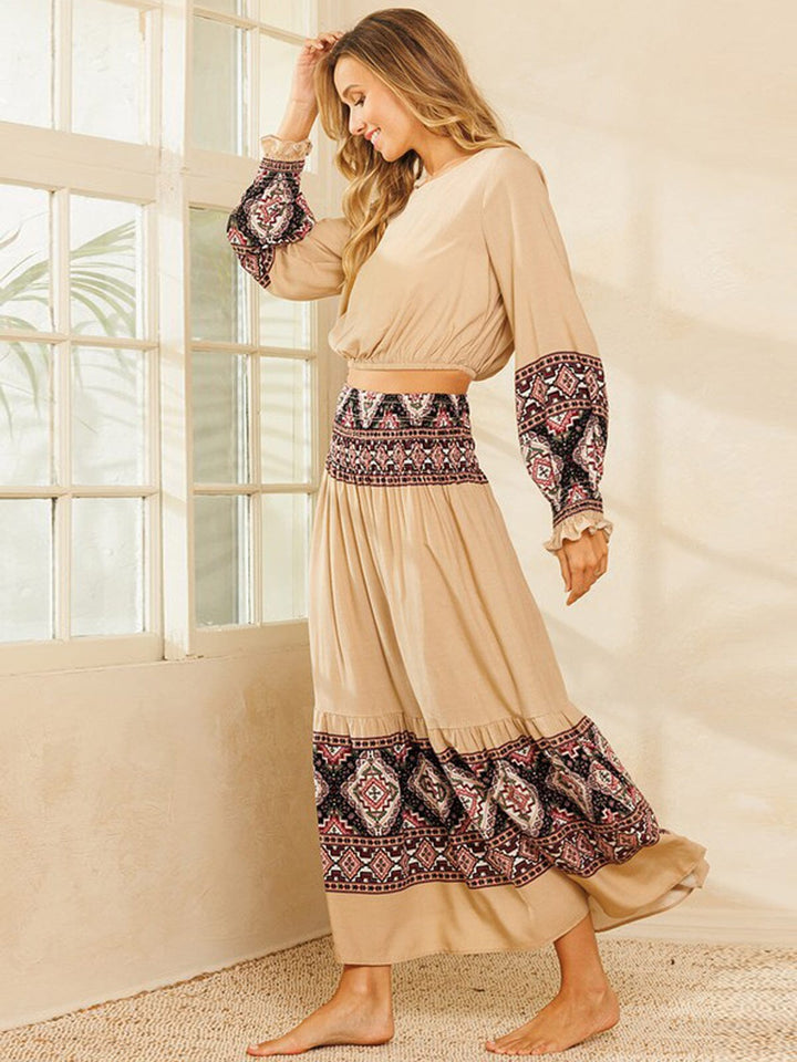 WOMEN'S LONG SLEEVE TOP & MAXI SKIRT MULTI PRINT SET