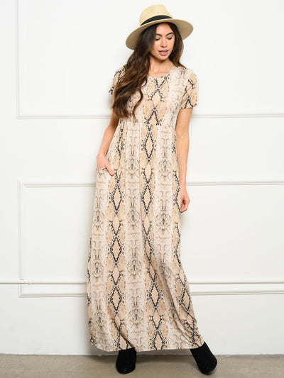 WOMEN'S SHORT SLEEVE SNAKE PRINT MAXI DRESS