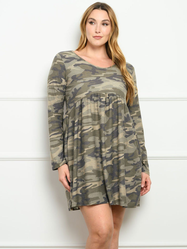 PLUS SIZE LONG SLEEVE CAMO PRINT WITH POCKETS MINI DRESS