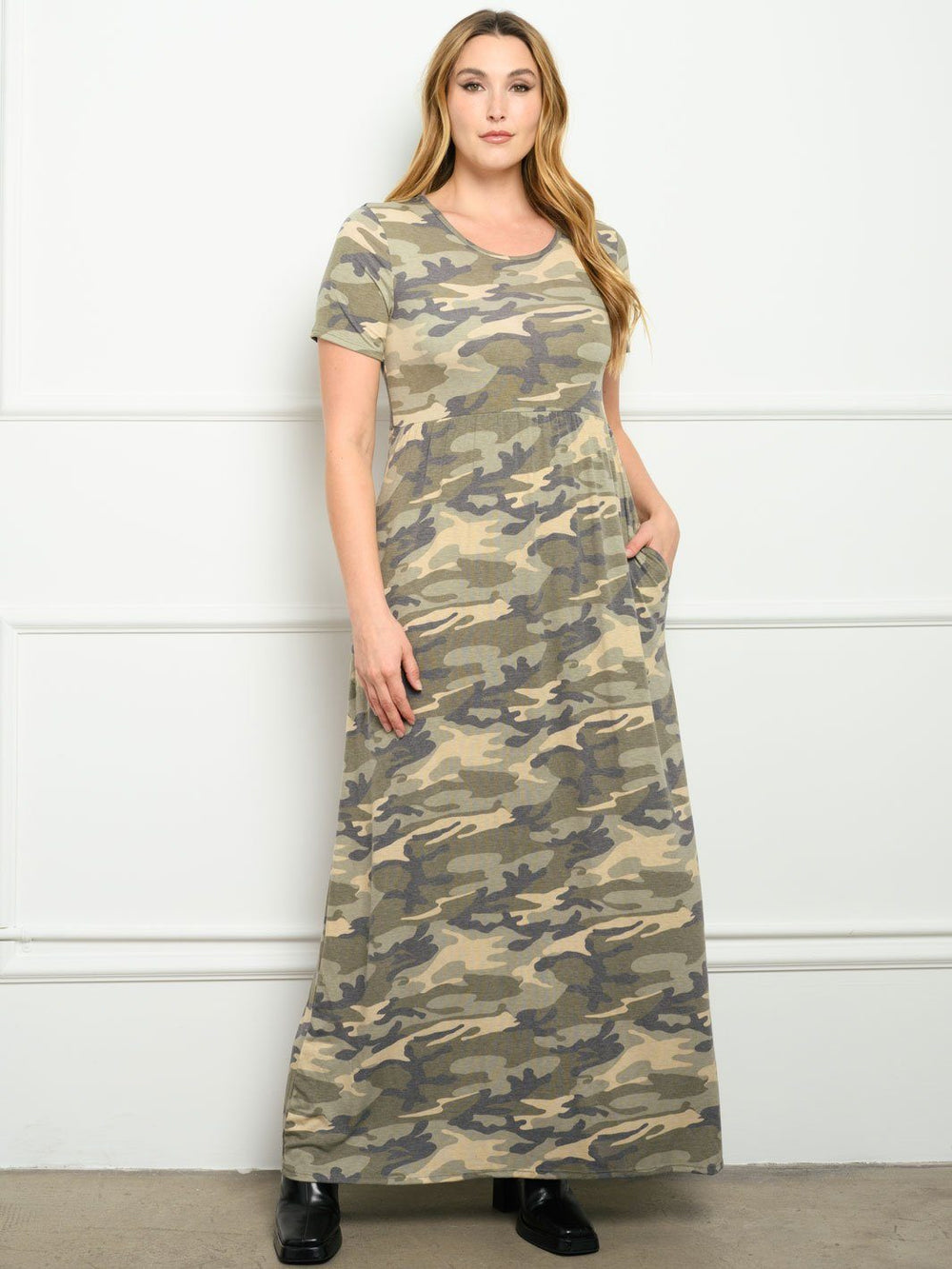PLUS SIZE SHORT SLEEVE CAMO PRINT WITH POCKETS MAXI DRESS