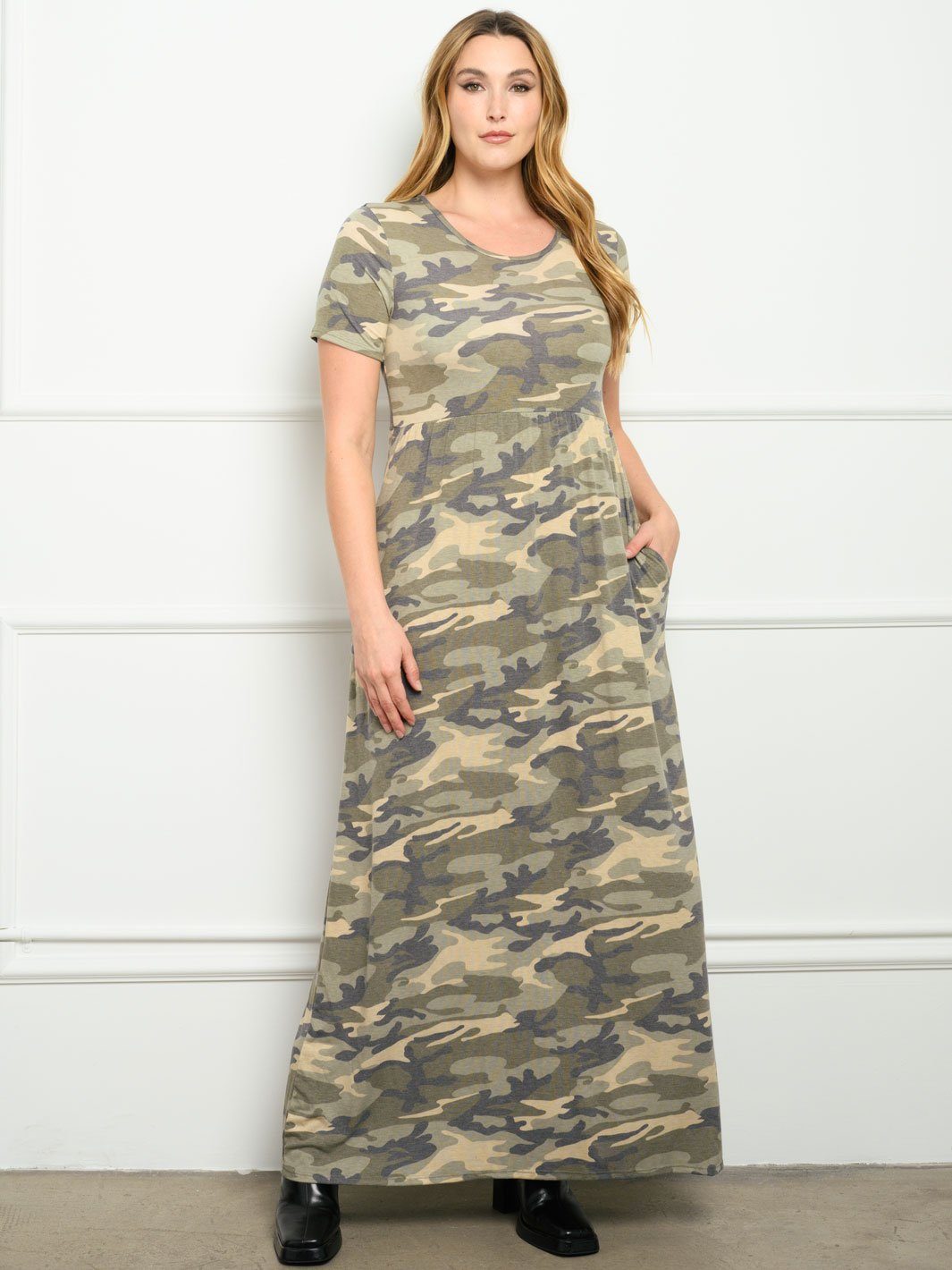 camouflage maxi dress PLUS SIZE SHORT SLEEVE CAMO PRINT WITH POCKETS MAXI DRESS