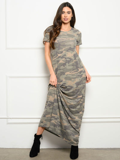 WOMEN'S SHORT SLEEVE CAMO PRINT MAXI DRESS