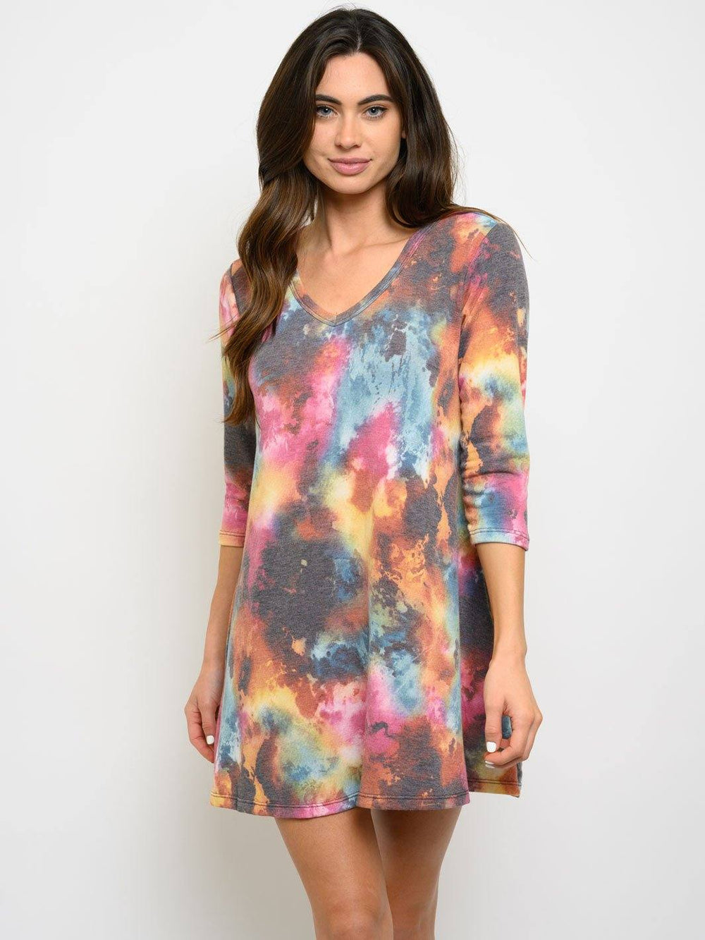 WOMEN'S 3/4 SLEEVE TIE DYE TUNIC MINI DRESS