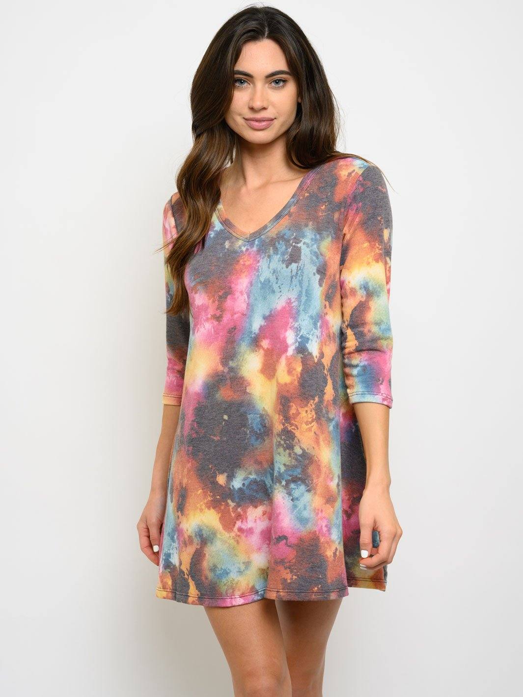 WOMEN'S 3/4 SLEEVE TIE DYE TUNIC MINI DRESS