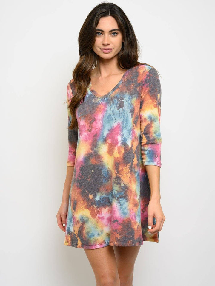 WOMEN'S 3/4 SLEEVE TIE DYE TUNIC MINI DRESS
