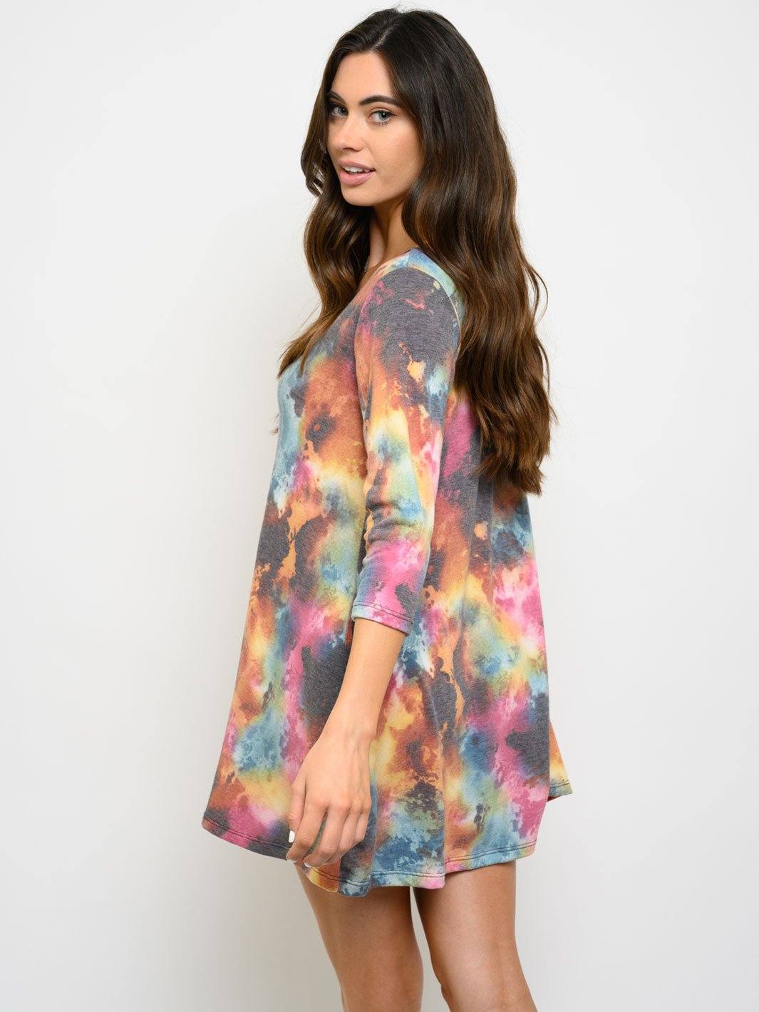 WOMEN'S 3/4 SLEEVE TIE DYE TUNIC MINI DRESS