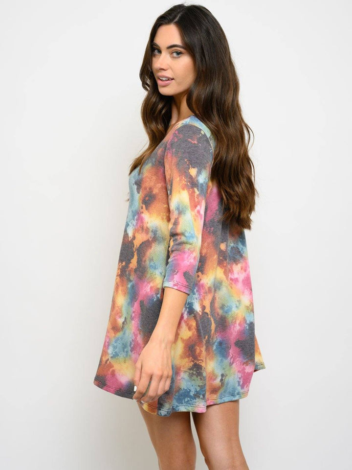 WOMEN'S 3/4 SLEEVE TIE DYE TUNIC MINI DRESS