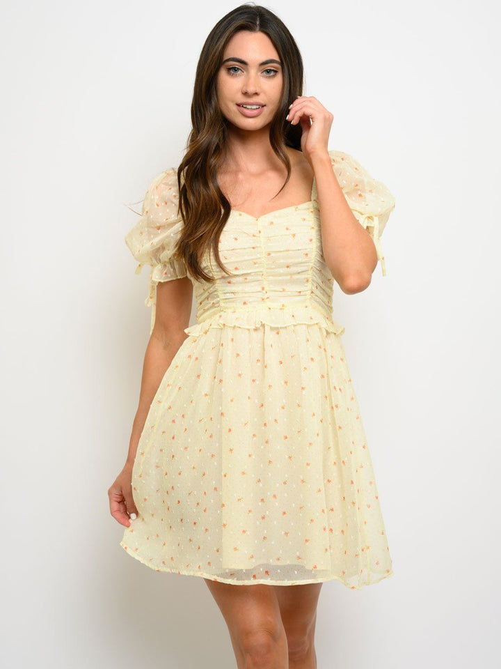 WOMEN'S RUCHED SWISS FLORAL MINI DRESS