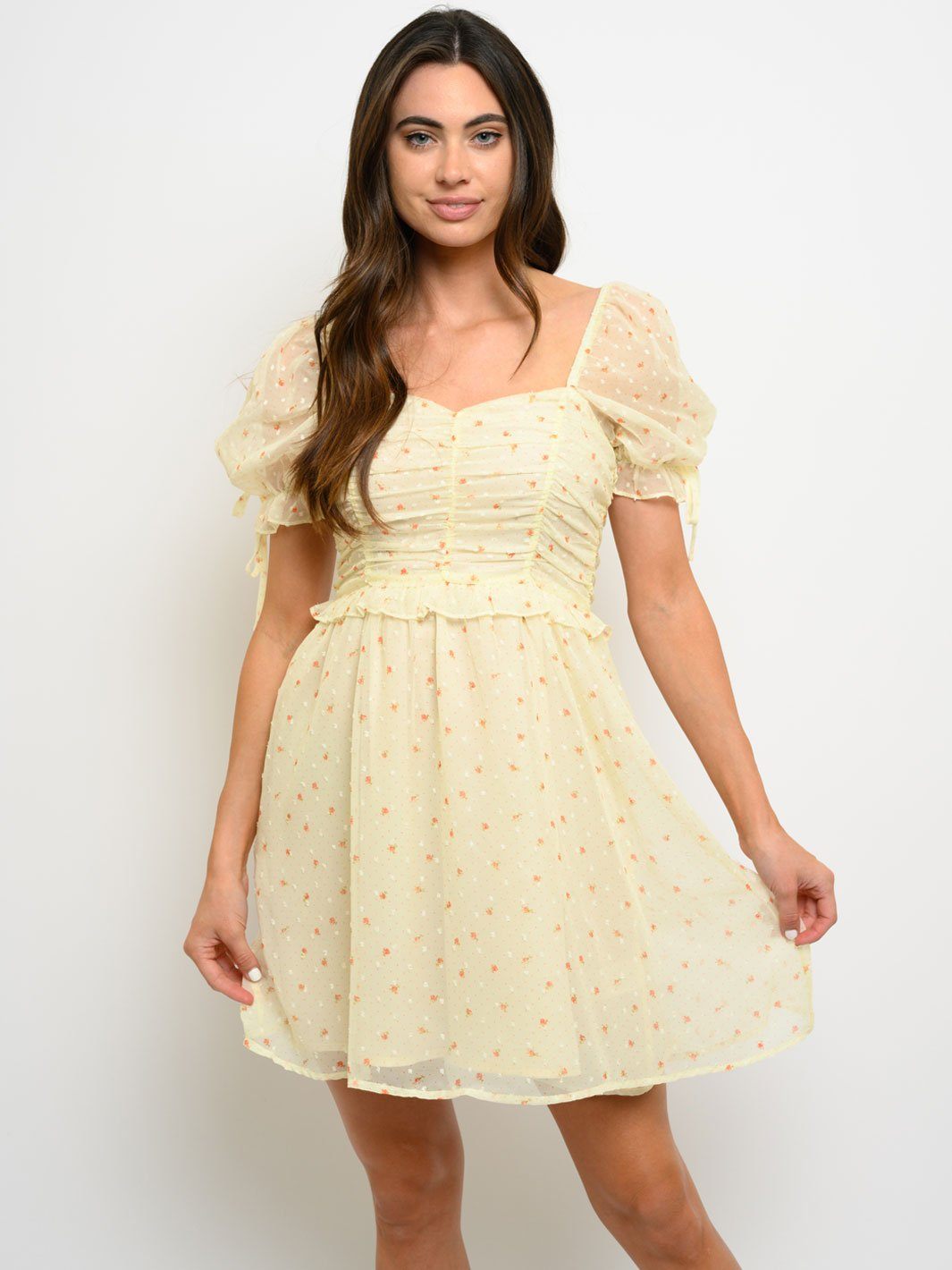 WOMEN'S RUCHED SWISS FLORAL MINI DRESS