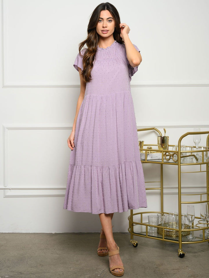 WOMEN'S SWISS DOT RUFFLE MIDI DRESS