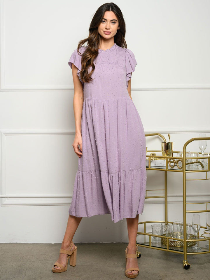 WOMEN'S SWISS DOT RUFFLE MIDI DRESS