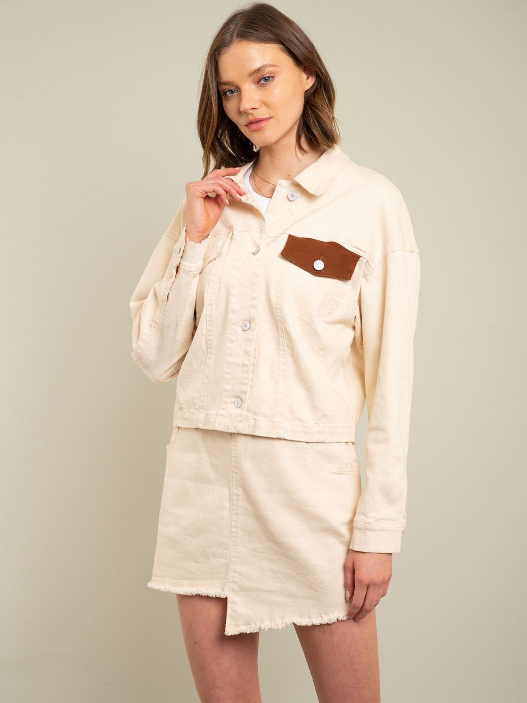 WOMENS CREAM DENIM JACKET AND SKIRT SET