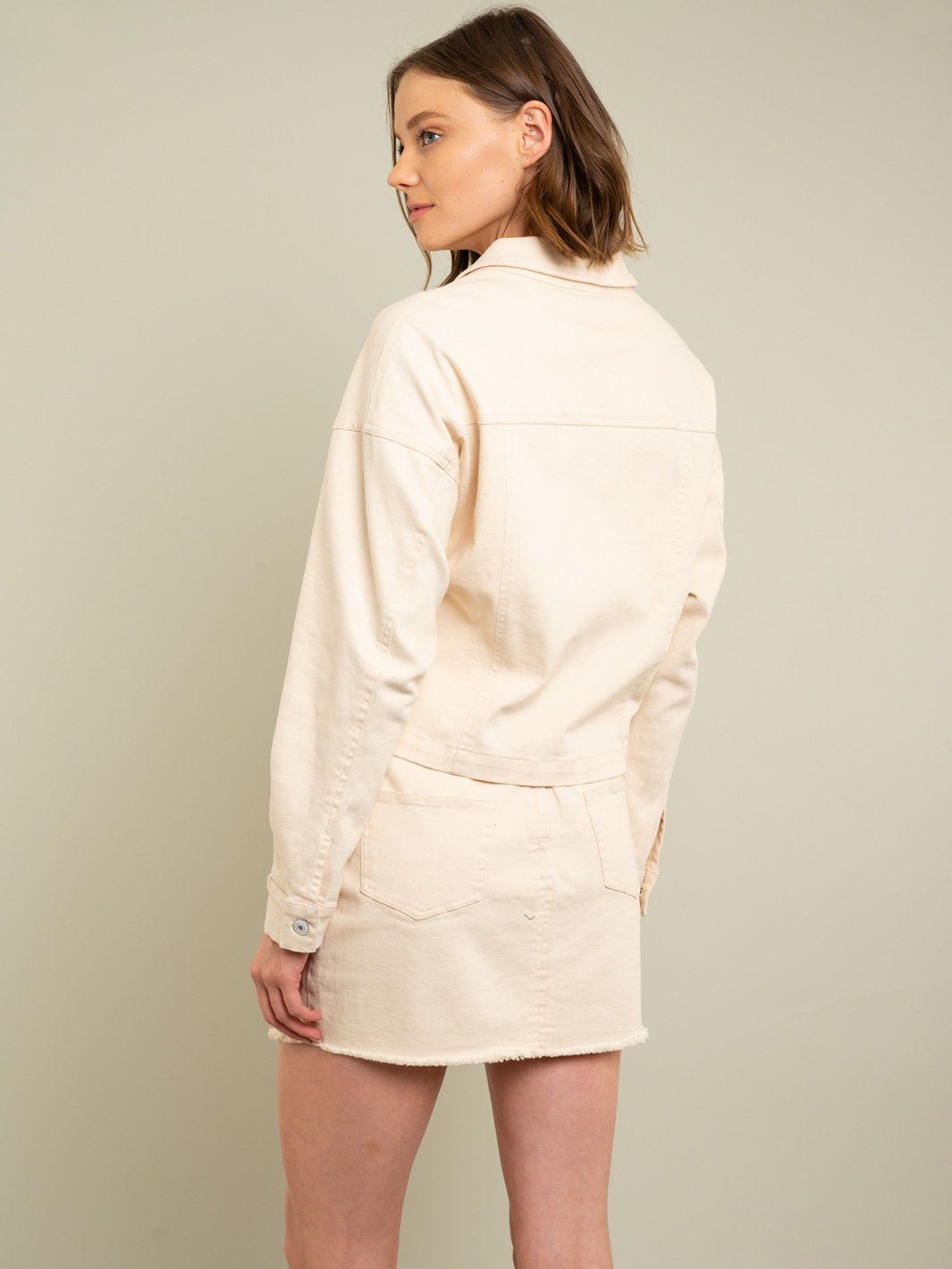 WOMENS CREAM DENIM JACKET AND SKIRT SET