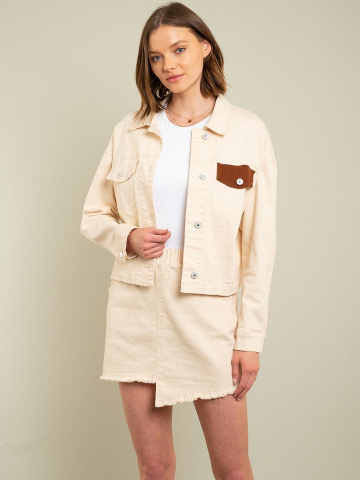 WOMENS CREAM DENIM JACKET AND SKIRT SET