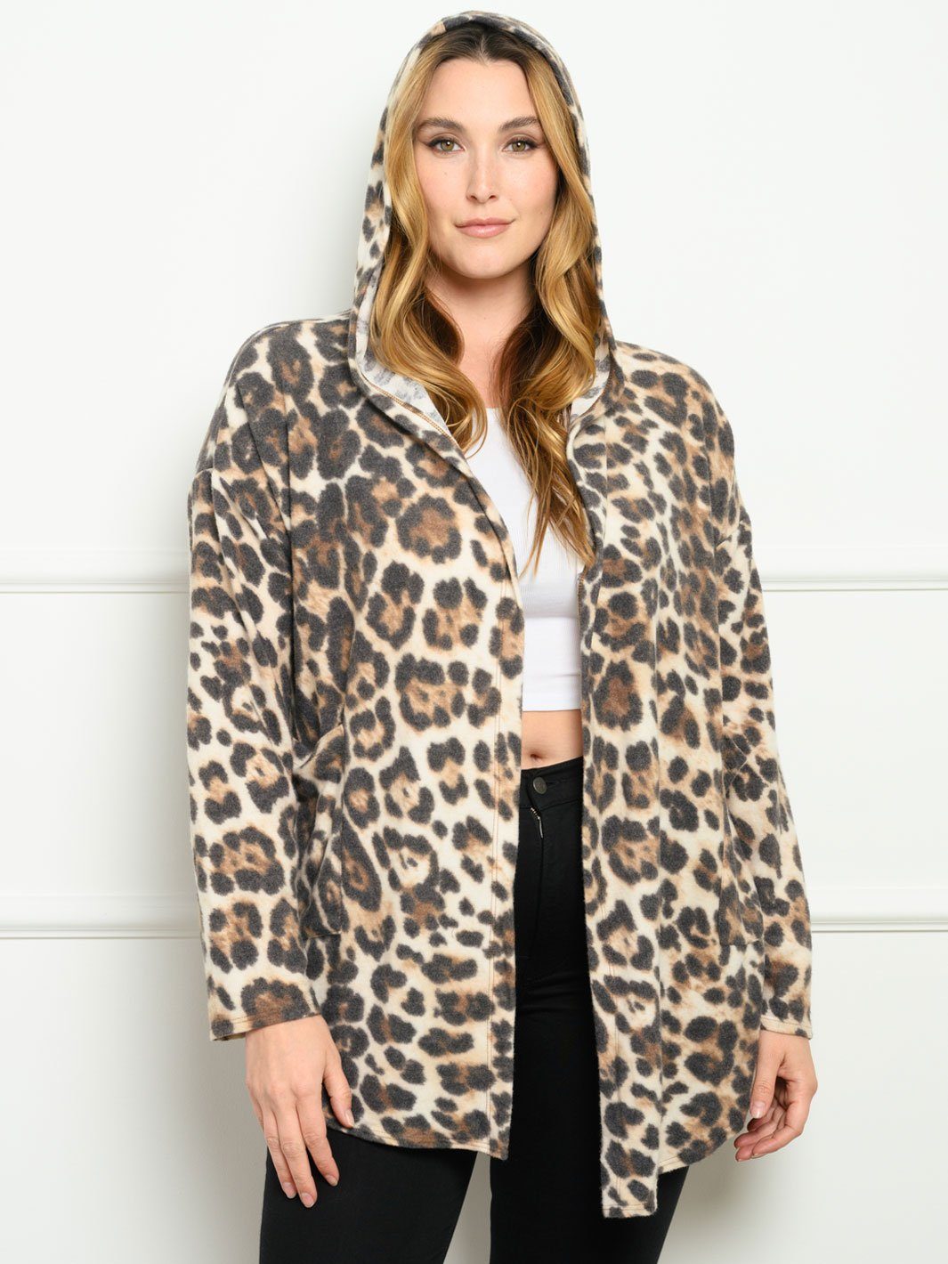 PLUS SIZE ANIMAL PRINT LONG SLEEVE HOODIE CARDIGAN