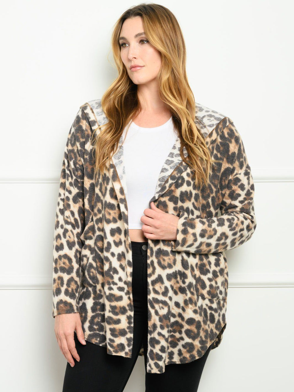 PLUS SIZE ANIMAL PRINT LONG SLEEVE HOODIE CARDIGAN