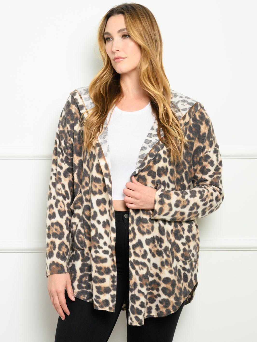 PLUS SIZE ANIMAL PRINT LONG SLEEVE HOODIE CARDIGAN