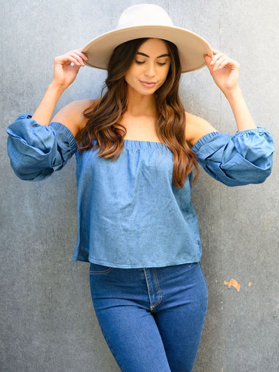WOMEN'S OFF SHOULDER CHAMBRAY TOP