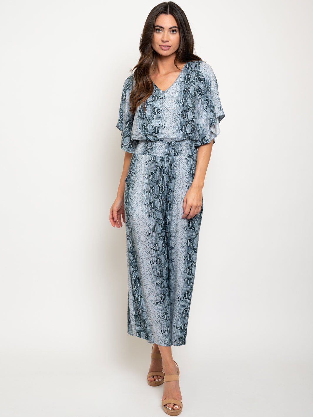 WOMEN'S HALF SLEEVE SNAKE PRINTED CULOTTE JUMPSUIT