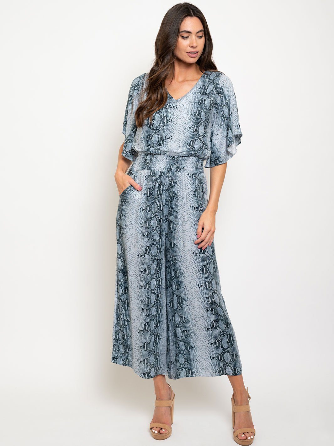WOMEN'S HALF SLEEVE SNAKE PRINTED CULOTTE JUMPSUIT