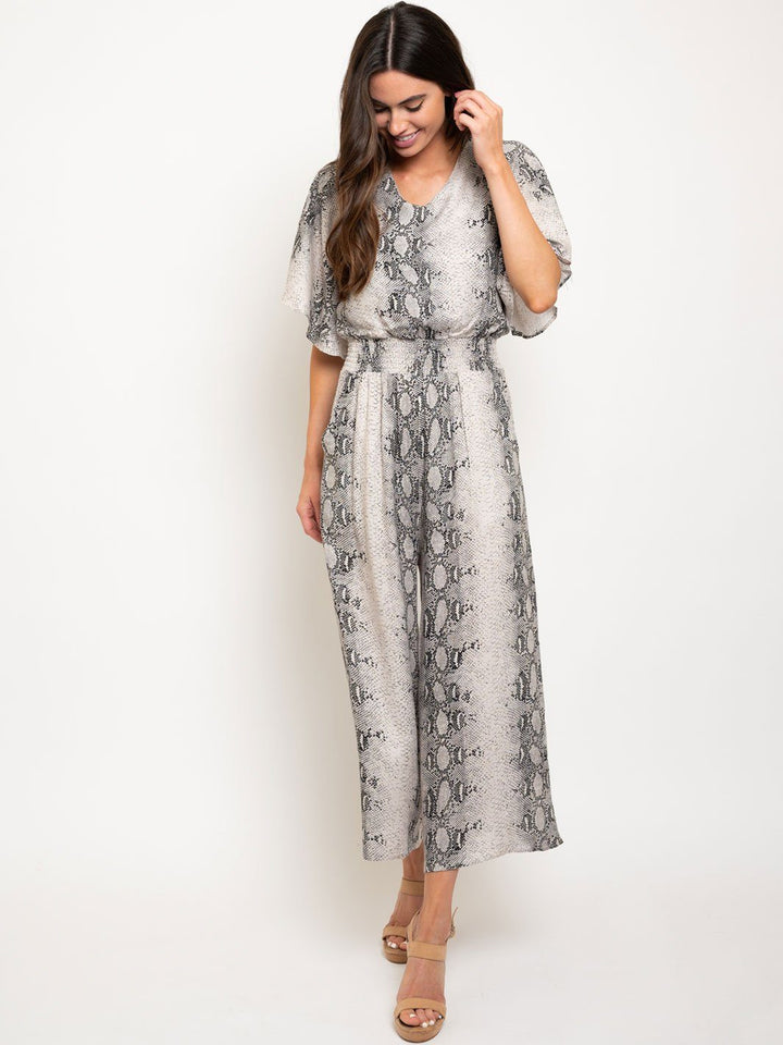WOMEN'S HALF SLEEVE SNAKE PRINTED CULOTTE JUMPSUIT