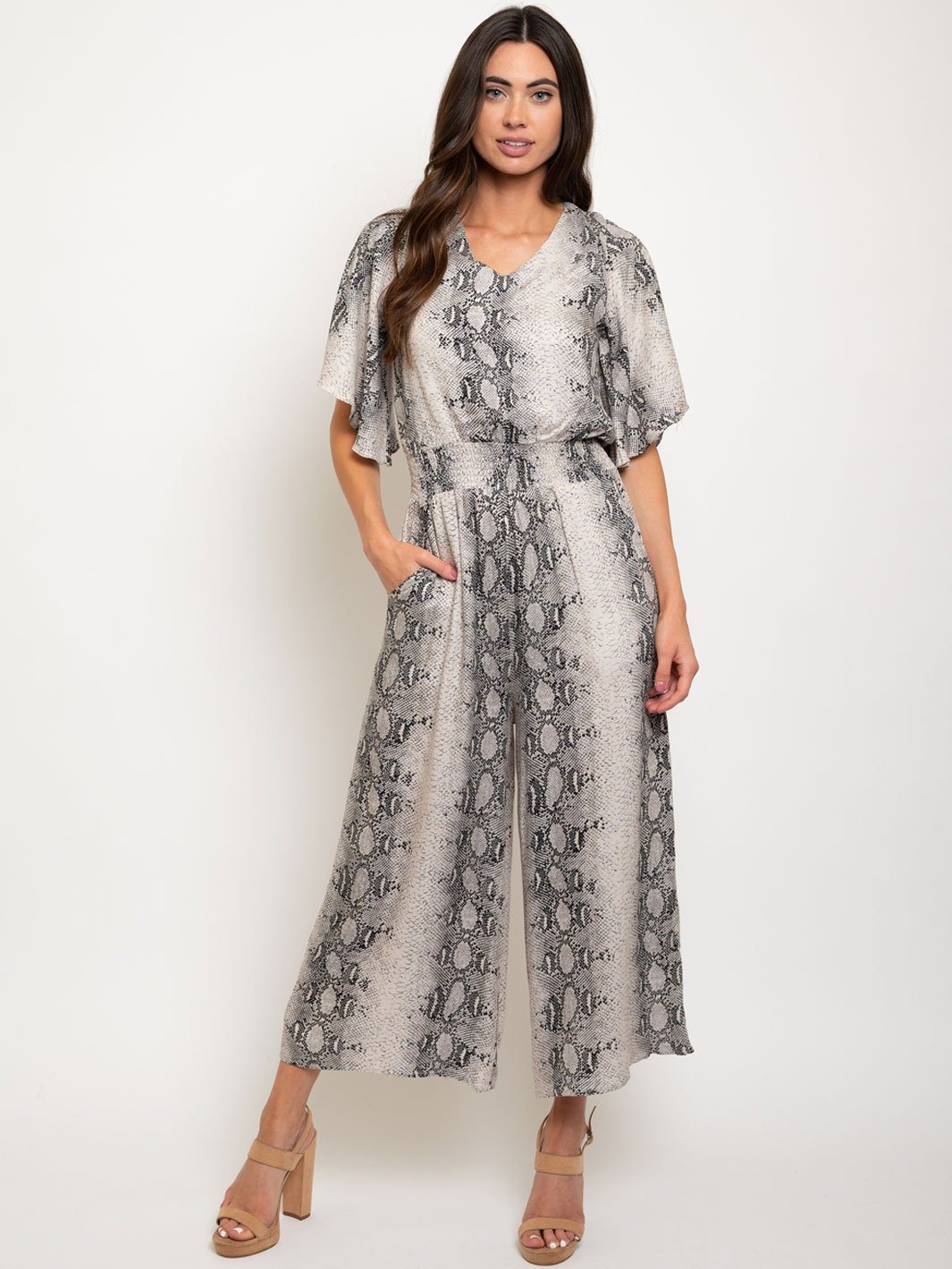 WOMEN'S HALF SLEEVE SNAKE PRINTED CULOTTE JUMPSUIT