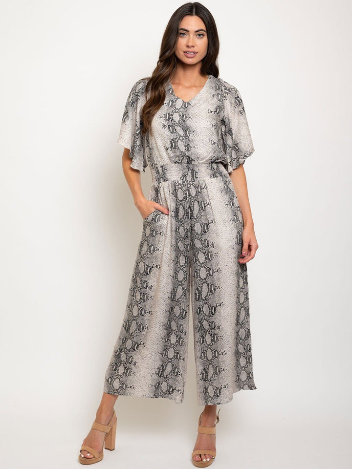 WOMEN'S HALF SLEEVE SNAKE PRINTED CULOTTE JUMPSUIT