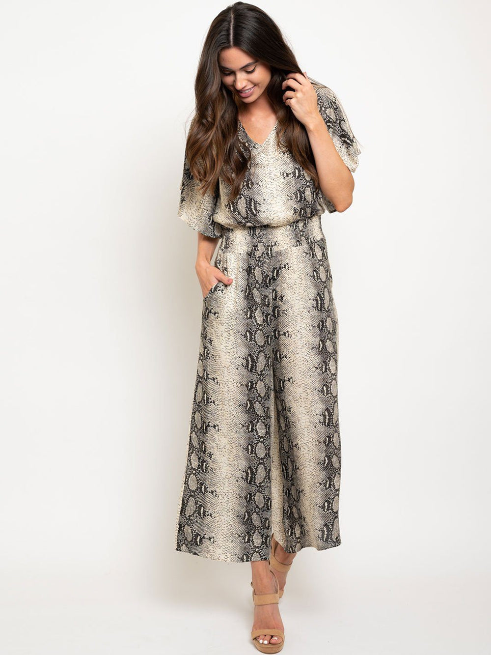 WOMEN'S HALF SLEEVE SNAKE PRINTED CULOTTE JUMPSUIT