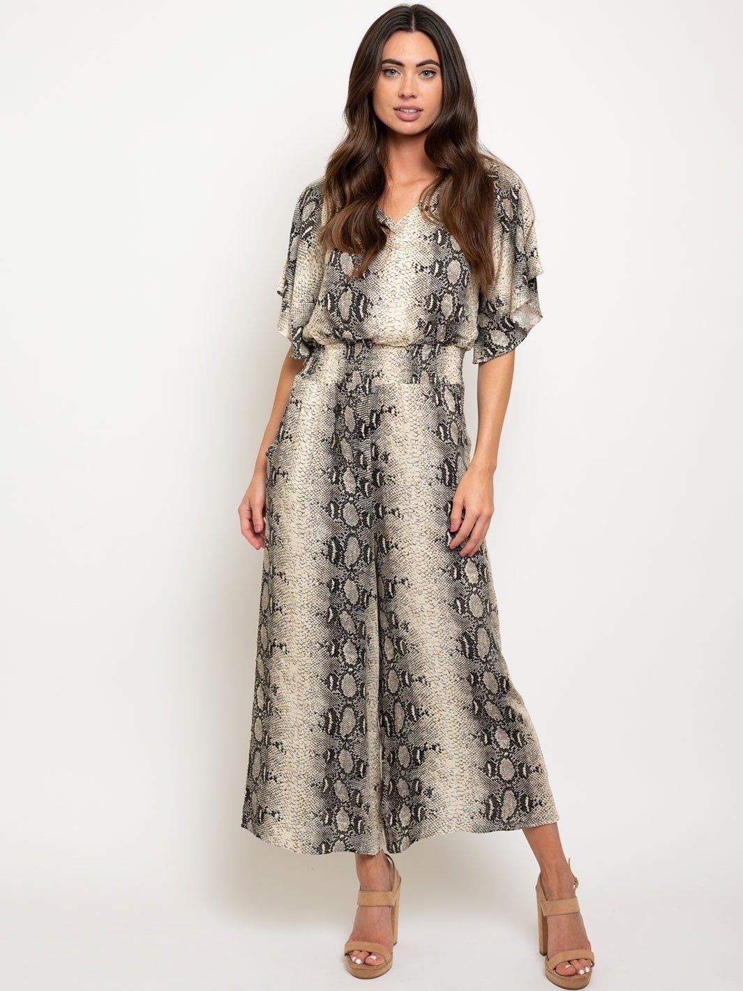 WOMEN'S HALF SLEEVE SNAKE PRINTED CULOTTE JUMPSUIT
