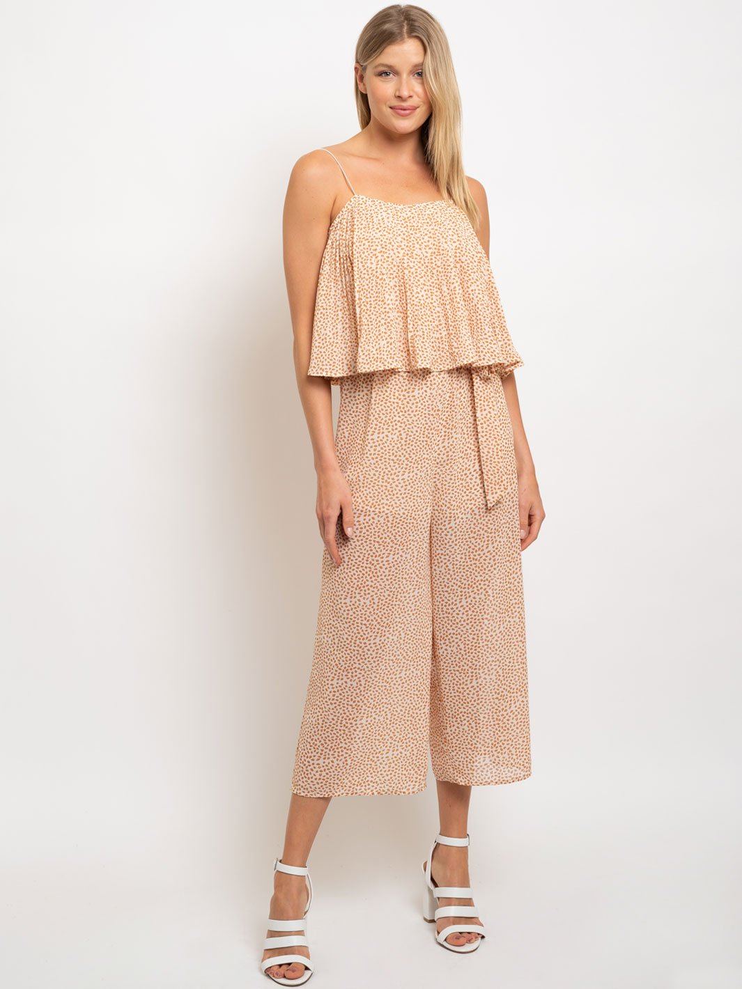 WOMEN'S WOVEN LEAF PRINT TIE FRONT JUMPSUIT
