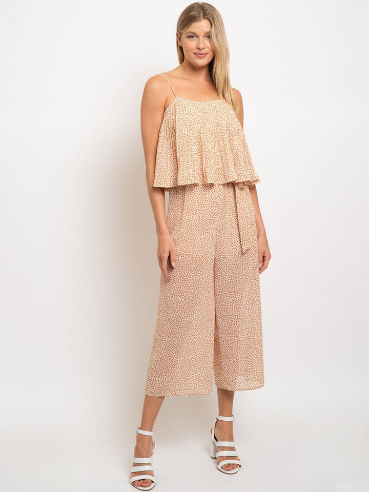 WOMEN'S WOVEN LEAF PRINT TIE FRONT JUMPSUIT