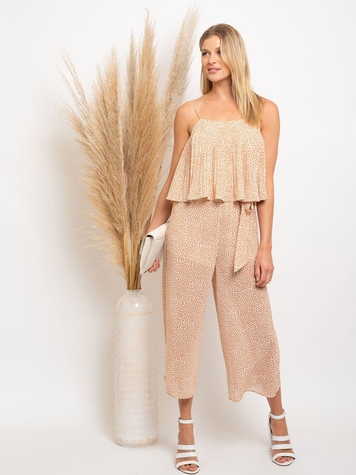 WOMEN'S WOVEN LEAF PRINT TIE FRONT JUMPSUIT