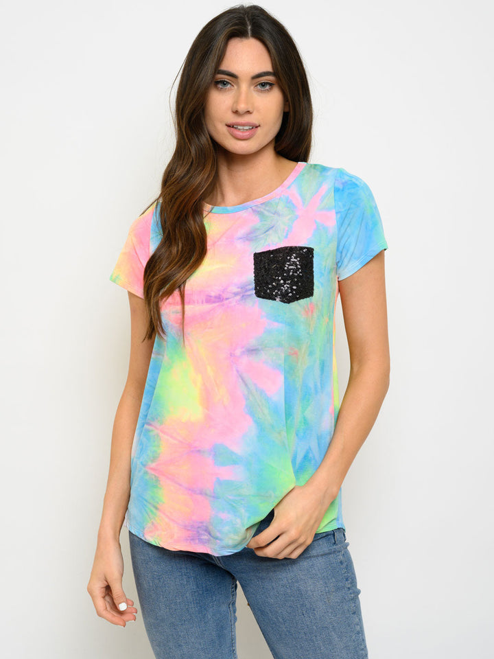 WOMEN'S TIE DYE PRINT FRONT SEQUINS POCKET TOP