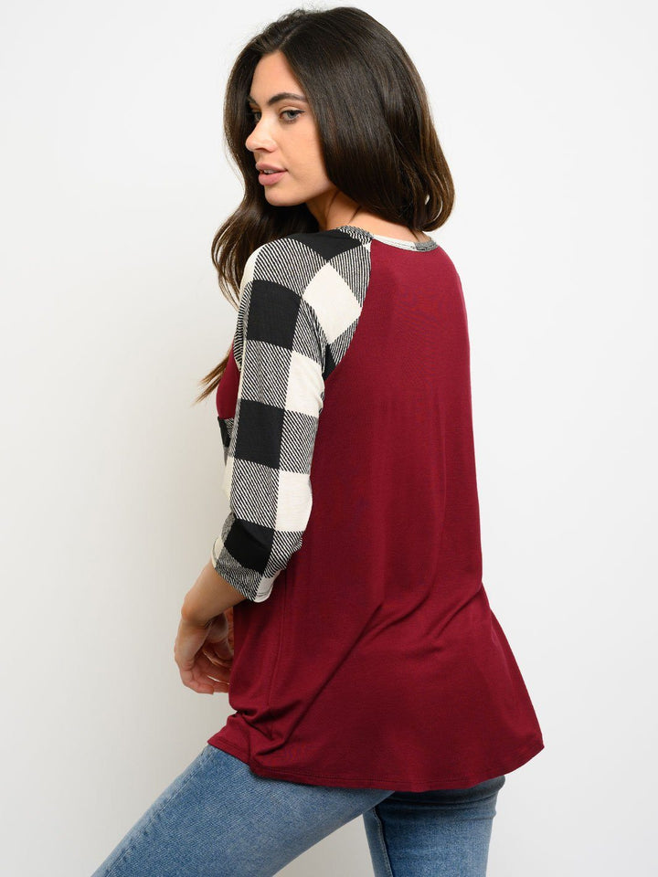 WOMEN'S 3/4 SLEEVES PLAID CONTRAST TOP