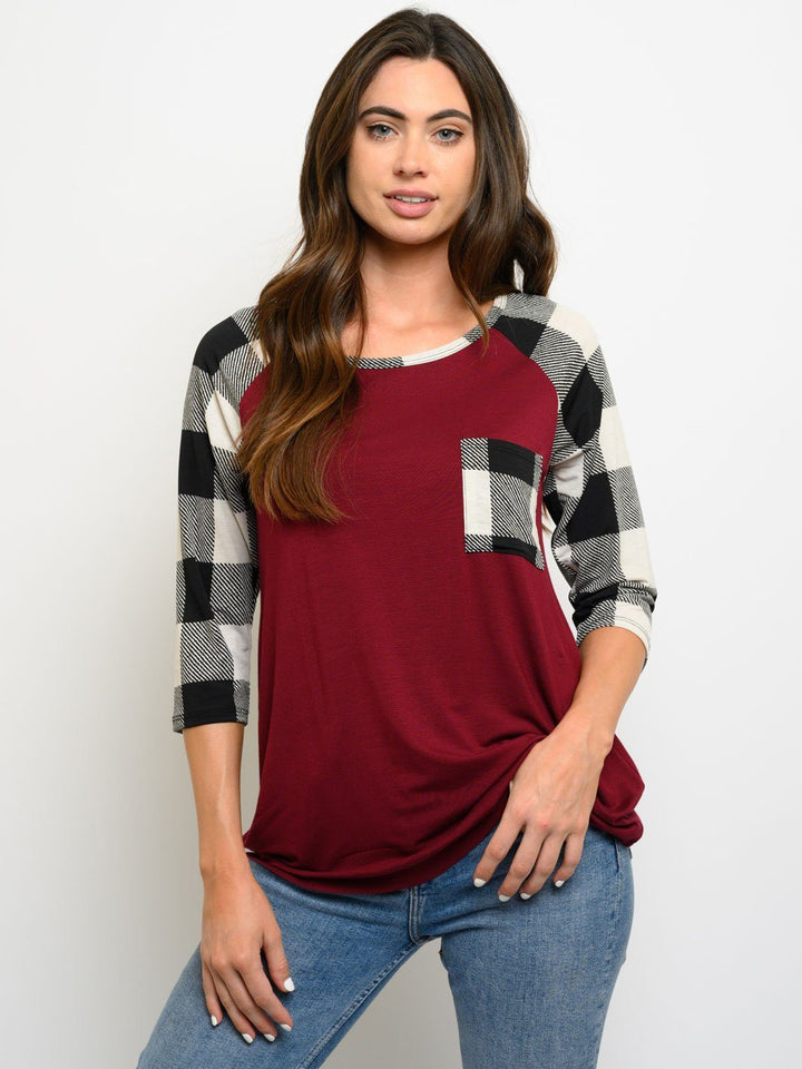 WOMEN'S 3/4 SLEEVES PLAID CONTRAST TOP