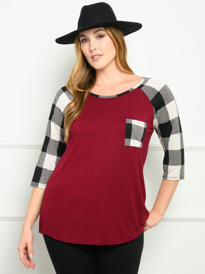 PLUS SIZE 3/4 SLEEVE PLAID PRINT SOLID TOP