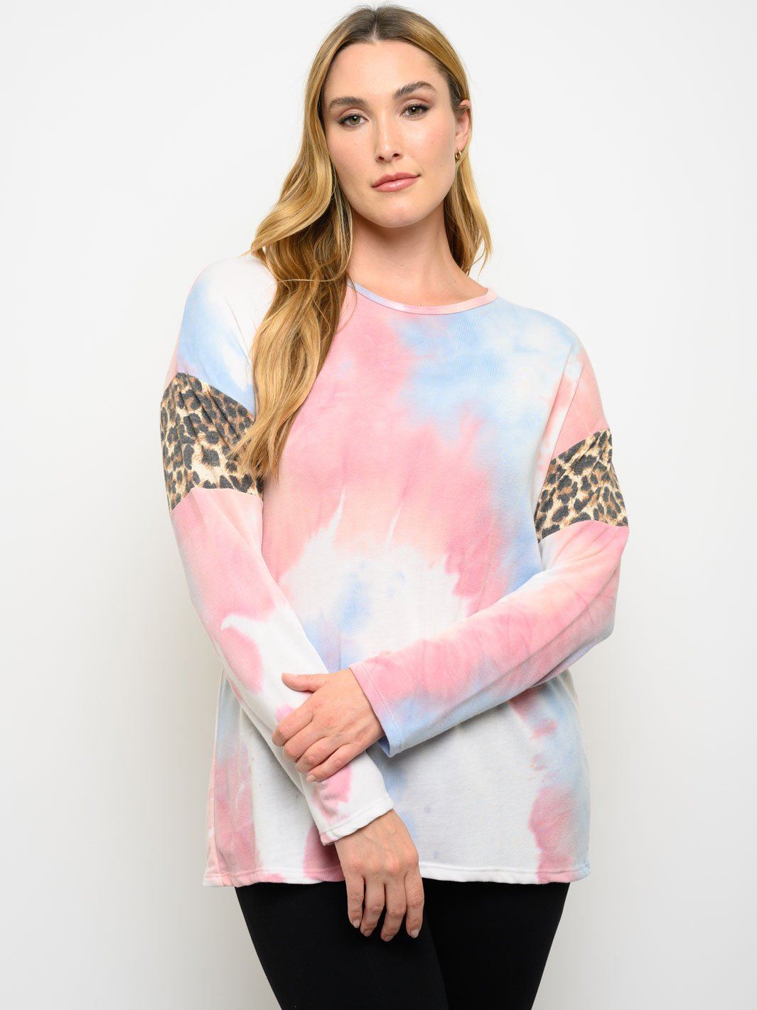PLUS SIZE TIE DYE ANIMAL PRINT LONG SLEEVE TOP