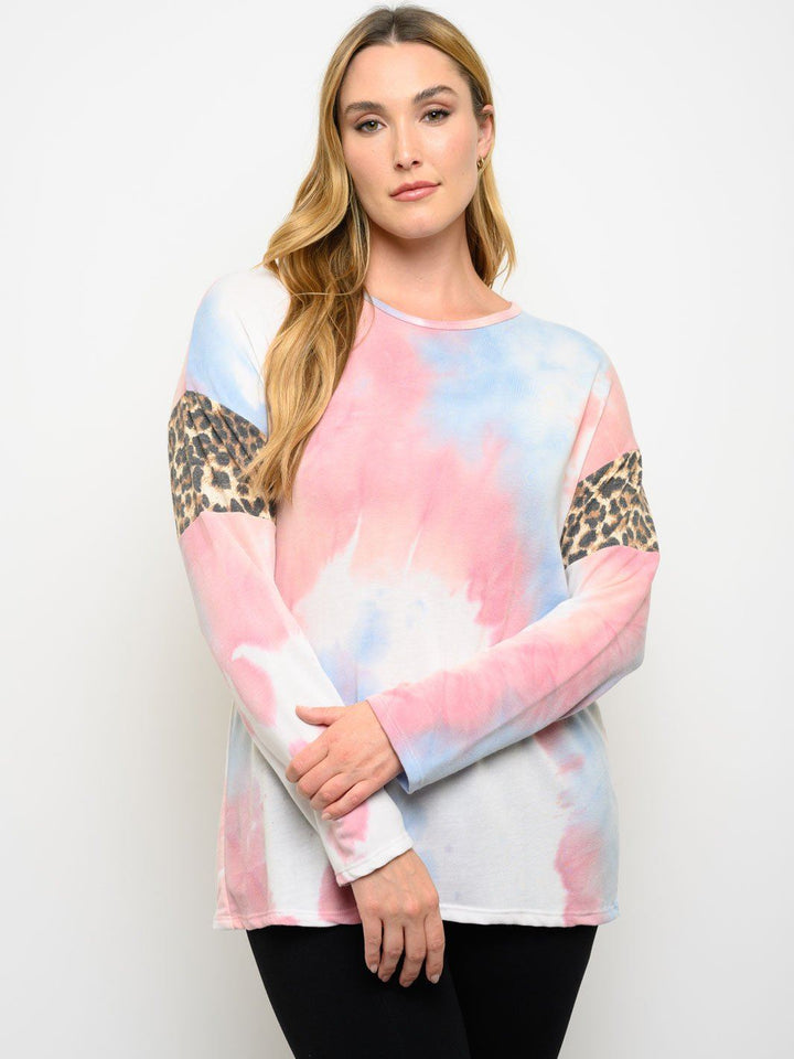 PLUS SIZE TIE DYE ANIMAL PRINT LONG SLEEVE TOP