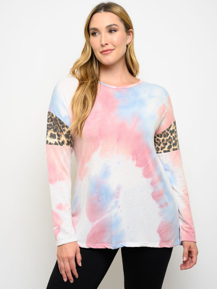 PLUS SIZE TIE DYE ANIMAL PRINT LONG SLEEVE TOP