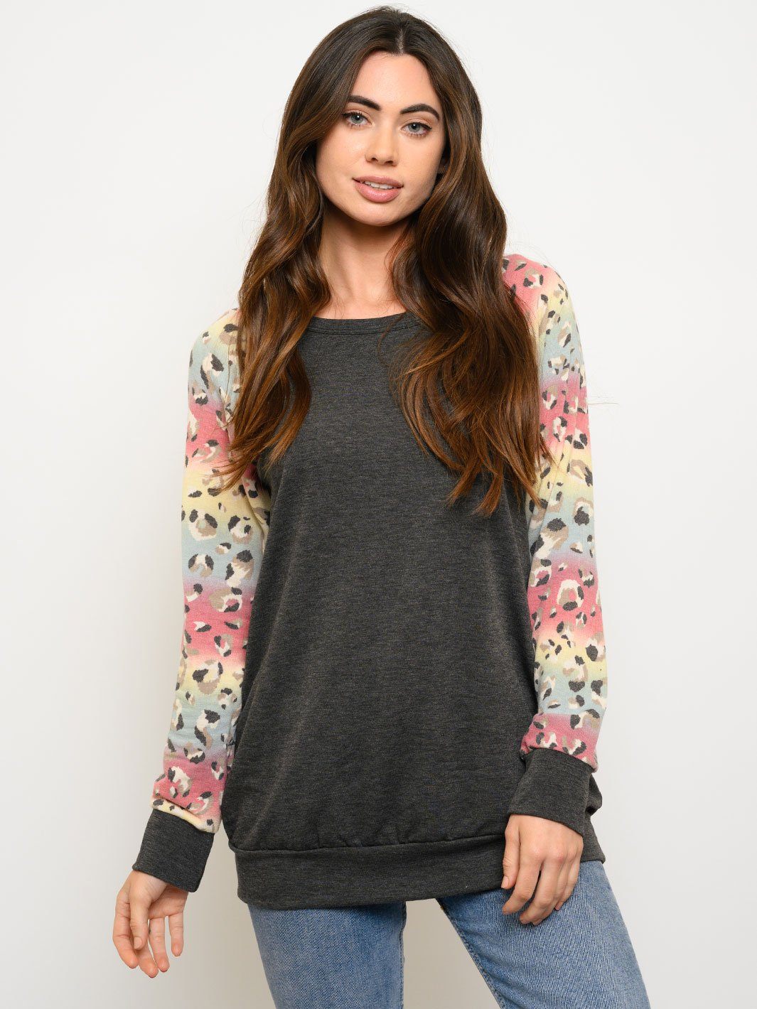 WOMEN'S ANIMAL PRINT LONG SLEEVE SOLID TOP