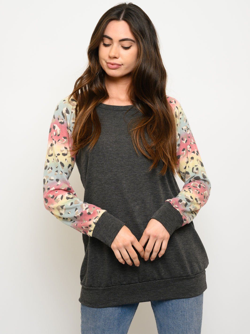 WOMEN'S ANIMAL PRINT LONG SLEEVE SOLID TOP