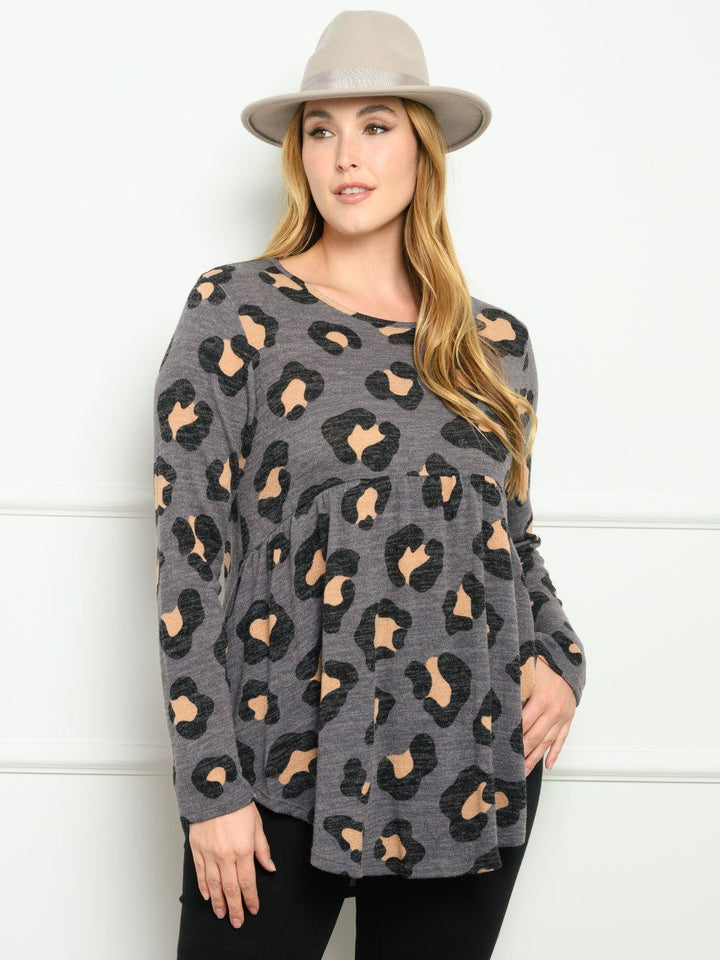 PLUS SIZE LONG SLEEVE ANIMAL PRINT BABYDOLL TOP