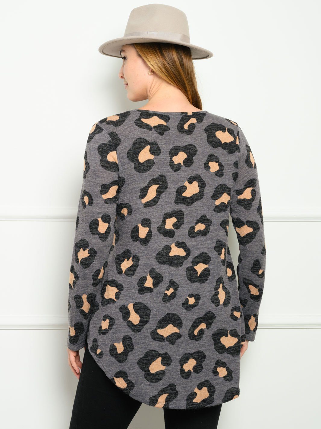 PLUS SIZE LONG SLEEVE ANIMAL PRINT BABYDOLL TOP