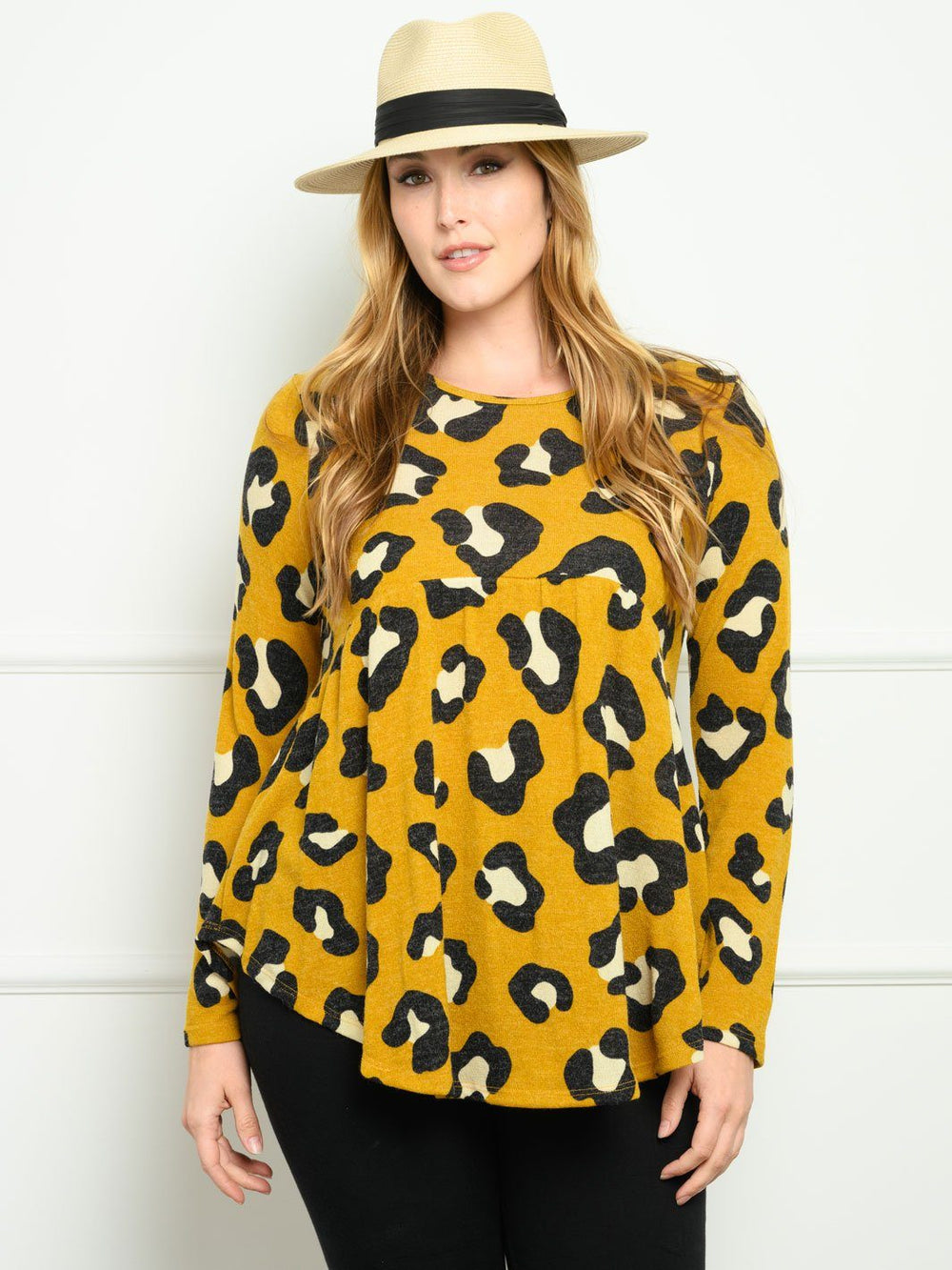 PLUS SIZE LONG SLEEVE ANIMAL PRINT BABYDOLL TOP