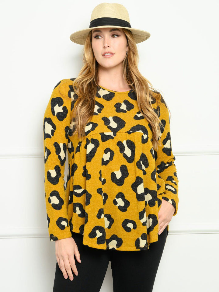 PLUS SIZE LONG SLEEVE ANIMAL PRINT BABYDOLL TOP