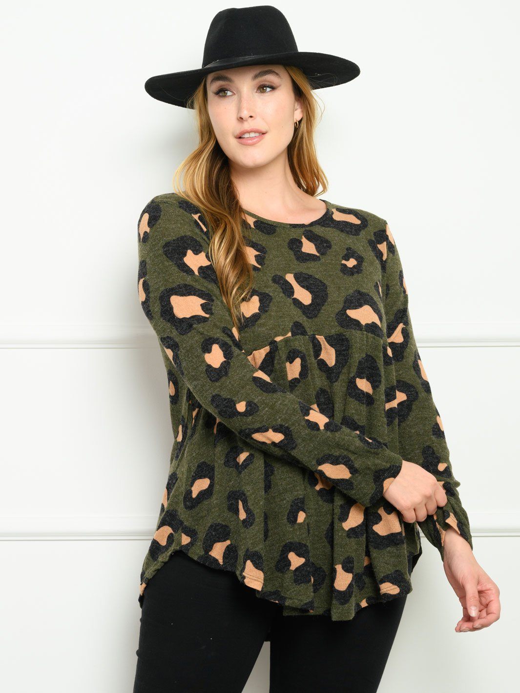 PLUS SIZE LONG SLEEVE ANIMAL PRINT BABYDOLL TOP