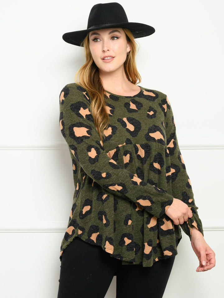 PLUS SIZE LONG SLEEVE ANIMAL PRINT BABYDOLL TOP